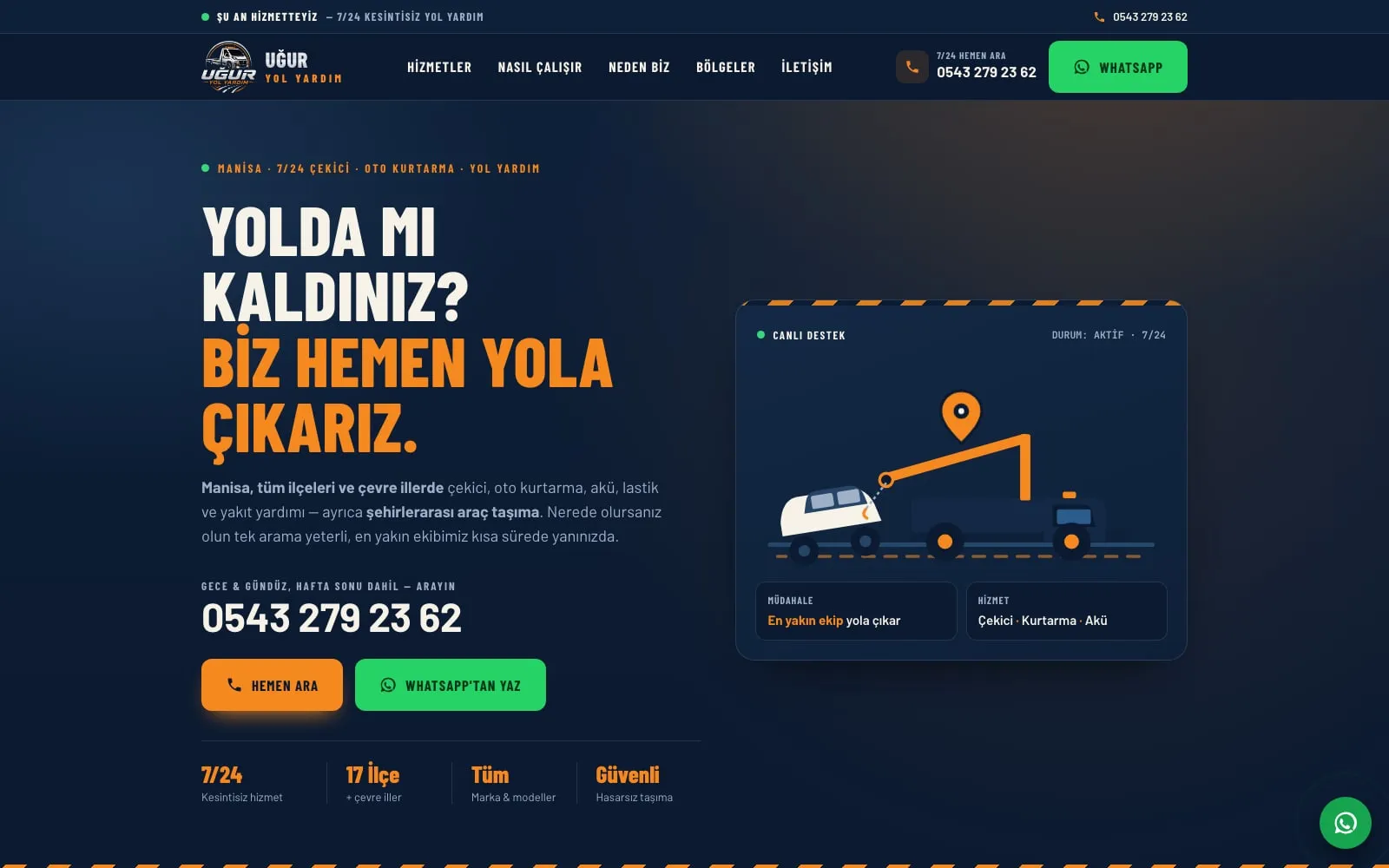 Uğur Yol Yardım web sitesinin açılış ekranı